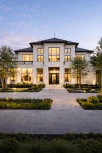 Luxury modern residential exterior with white stucco, stone accents, and architectural lighting — by Infinit Interiors
