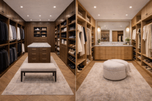 Luxury his and hers walk-in closets with matching wood cabinetry and white marble flooring — by Infinit Interiors