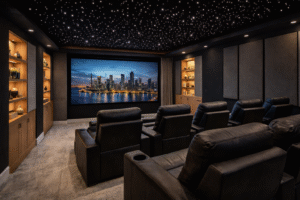 Luxury home theater with black leather recliners and star-lit ceiling — by Infinit Interiors