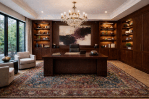 Luxury executive home office with large central desk, black office chair, and Persian rug — by Infinit Interiors