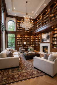 Modern home library interior with wooden bookshelves