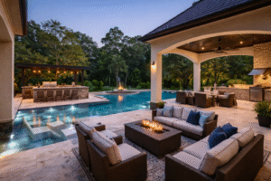 Luxury outdoor living area with infinity pool and modern outdoor kitchen — by Infinit Interiors