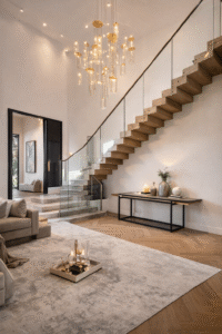 Luxury residential entry foyer with floating staircase, glass railing, and statement chandelier — by Infinit Interiors