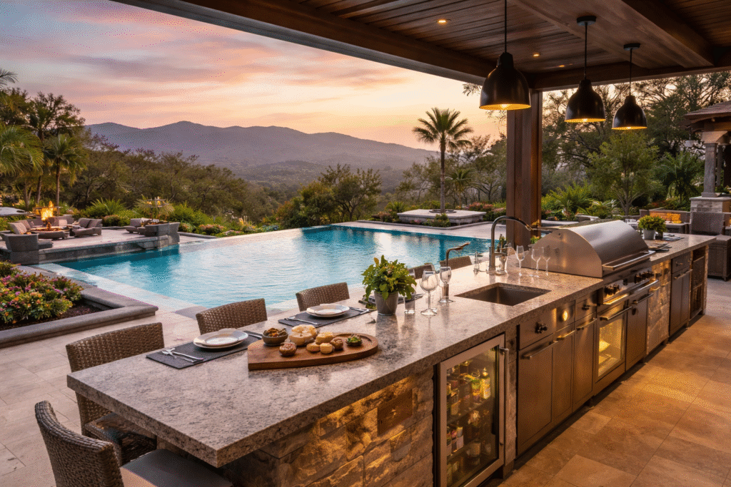 Outdoor kitchen beside a swimming pool with modern seating area