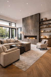 Contemporary living room design with warm lighting and artwork