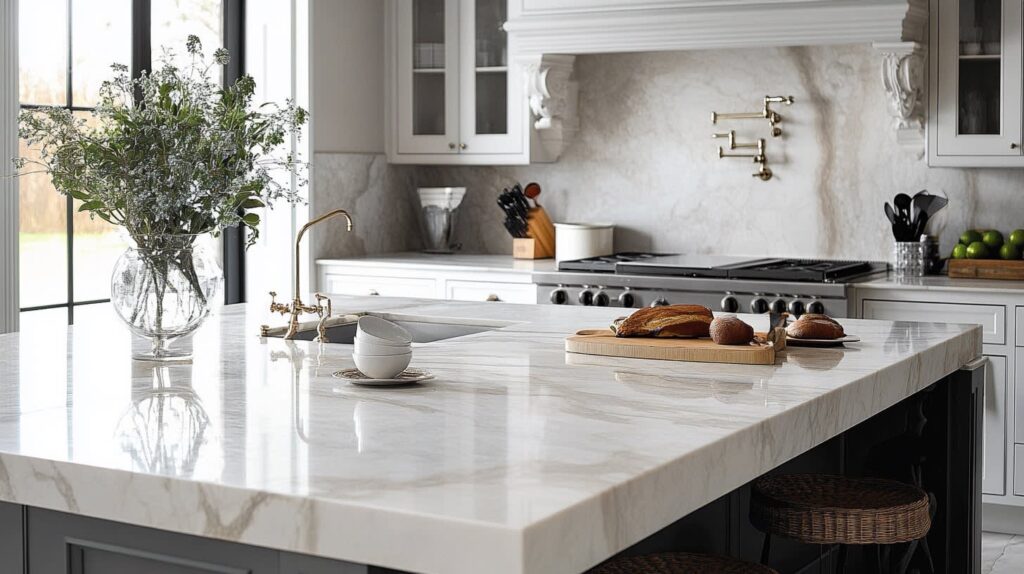 Modern modular kitchen with white cabinets and marble top