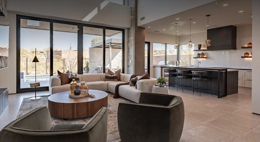 Contemporary living room design with warm lighting and artwork