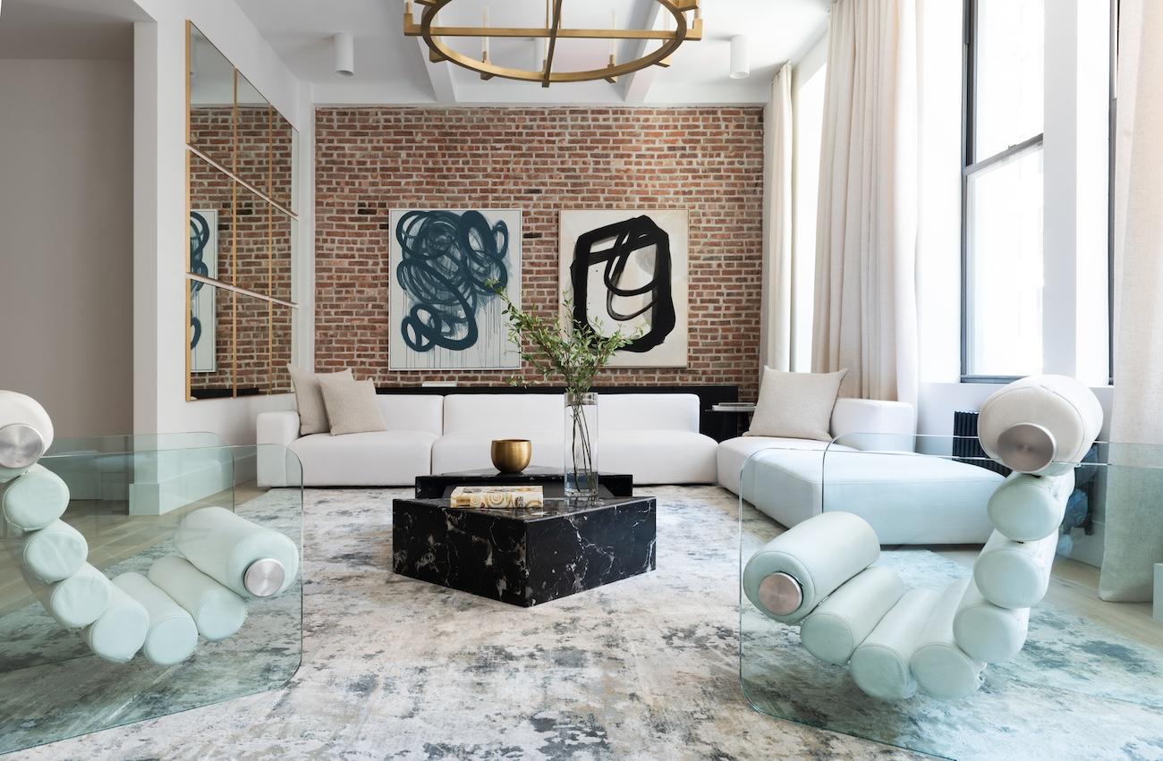 Elegant lounge interior with marble wall and ceiling lights