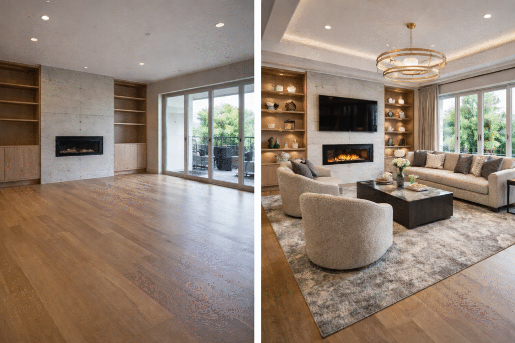 Modern living room with fireplace