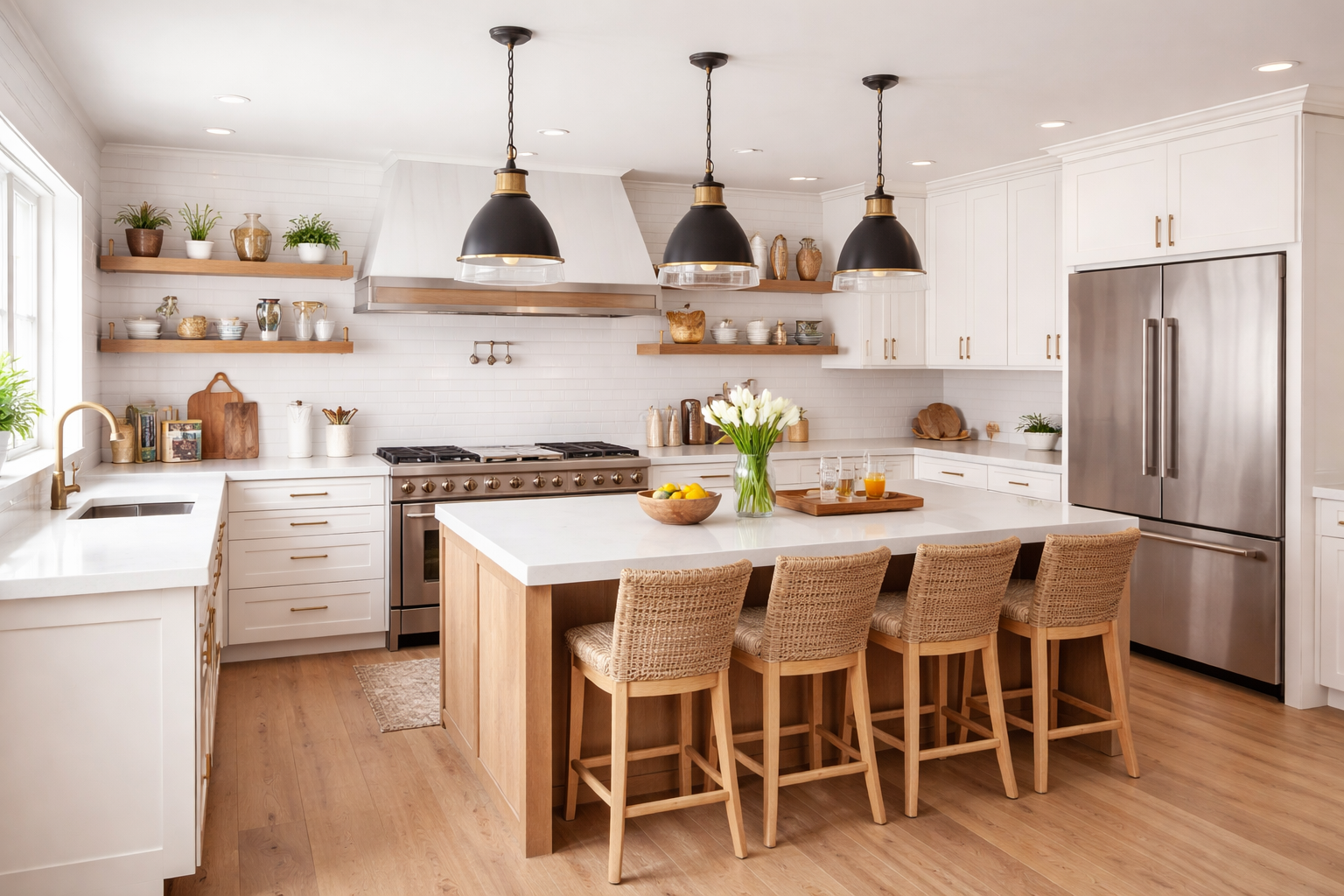 Bright open-concept kitchen with white shaker cabinets, brass hardware, and professional appliances in Texas — by Infinit Interiors