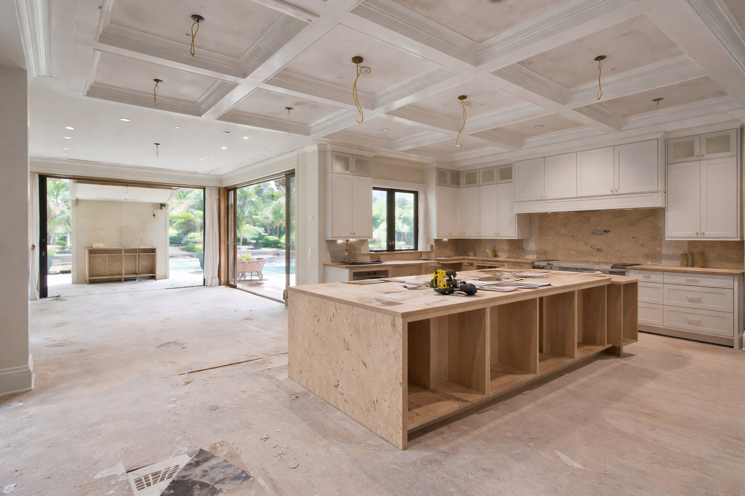 Luxury kitchen under construction in a Dallas home with unfinished island, custom cabinetry, and open-concept layout — by Infinit Interiors