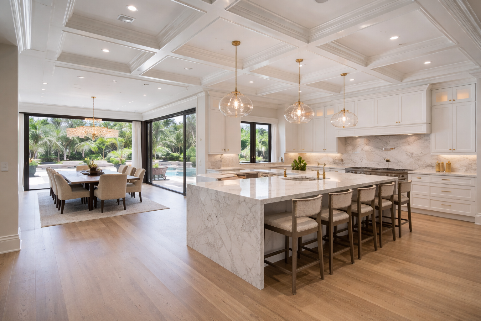 Luxury open-concept kitchen and dining room in a five-star million-dollar home with marble island and custom cabinetry — by Infinit Interiors