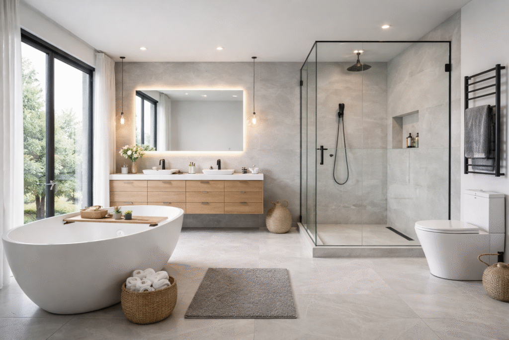 Modern luxury full bathroom suite with freestanding soaking tub, double vanity, and glass walk-in shower in a spacious primary bath — by Infinit Interiors