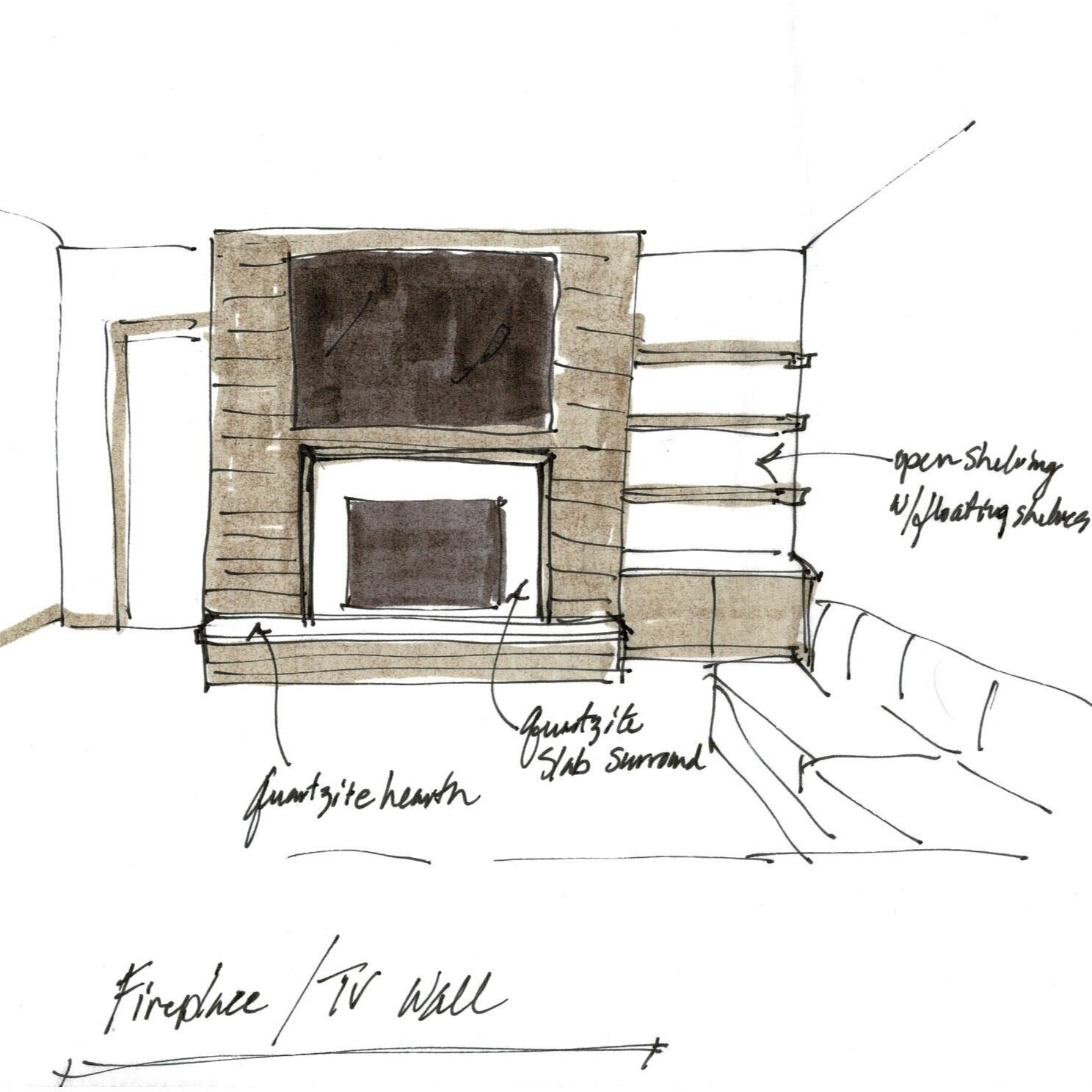 Linear interior sketch showing wall and ceiling layout