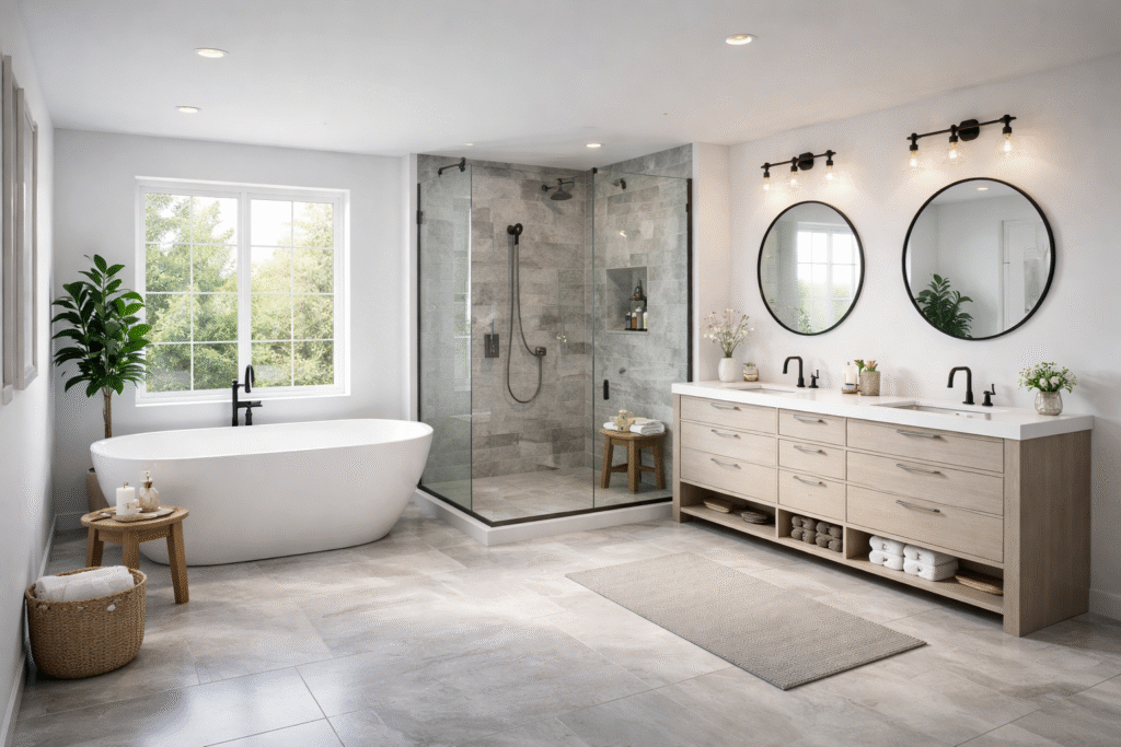 Modern luxury full bathroom suite with freestanding soaking tub, glass walk-in shower, and double vanity – by Infinit Interiors