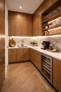 Luxury butler’s pantry with custom cabinetry, marble surfaces, and integrated storage — by Infinit Interiors