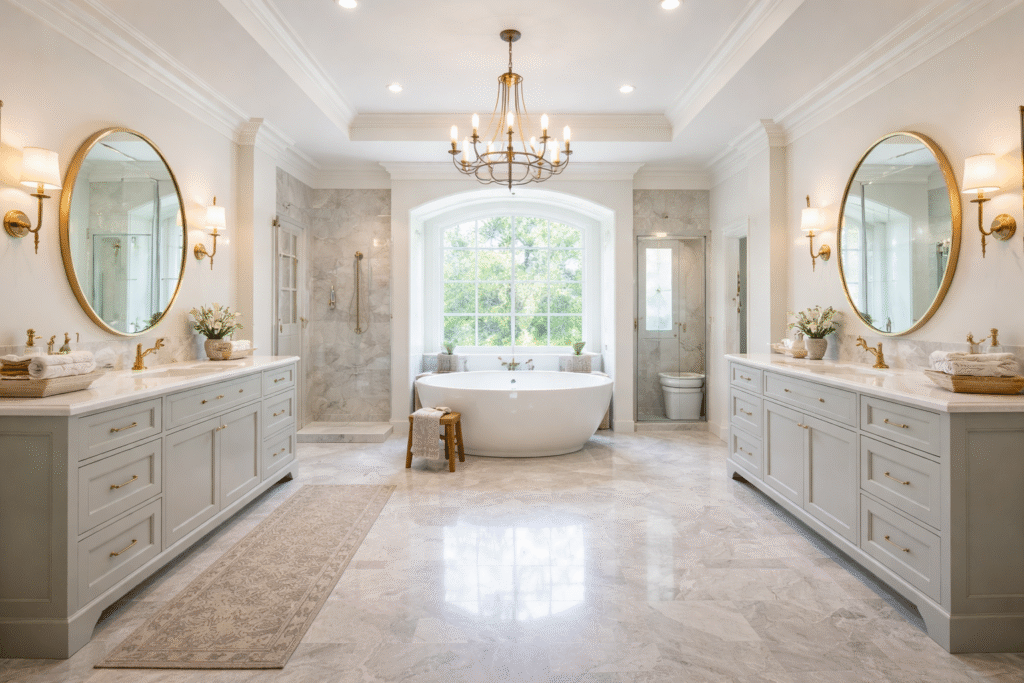 Big luxury full bathroom suite in Houston Texas with double vanity, freestanding tub, marble shower, and brass fixtures – by Infinit Interiors