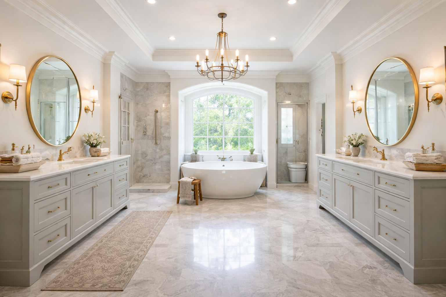 Big luxury full bathroom suite in Houston Texas with double vanity, freestanding tub, marble shower, and brass fixtures – by Infinit Interiors