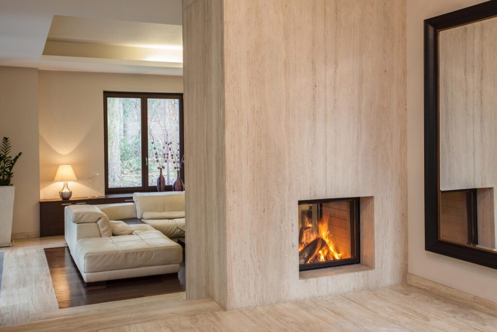 Simple fireplace wall in contemporary lounge