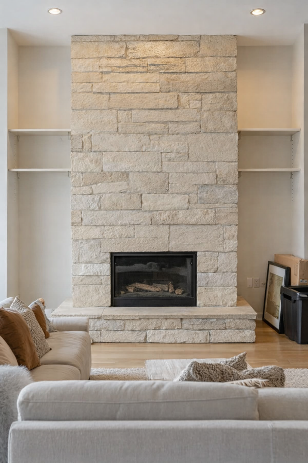Outdated stone fireplace with unfinished built-in shelving in a living room before renovation – by Infinit Interiors