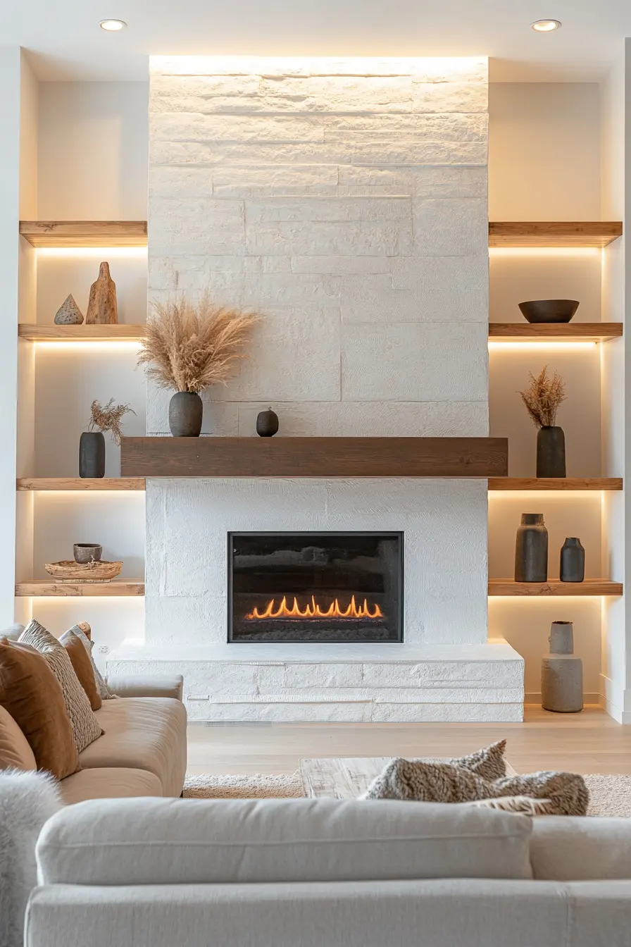 Modern stone fireplace feature wall with built-in illuminated shelves and floating wood mantel in a luxury living room – by Infinit Interiors