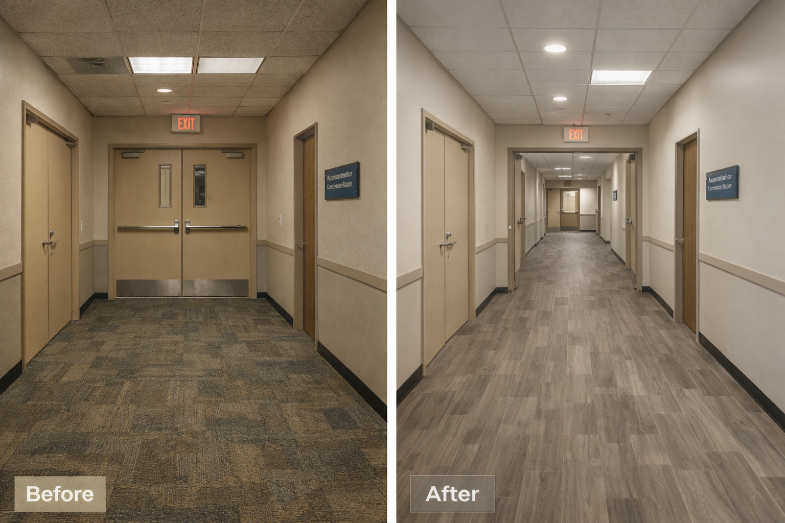 Public building interior renovation with durable finishes and improved lighting