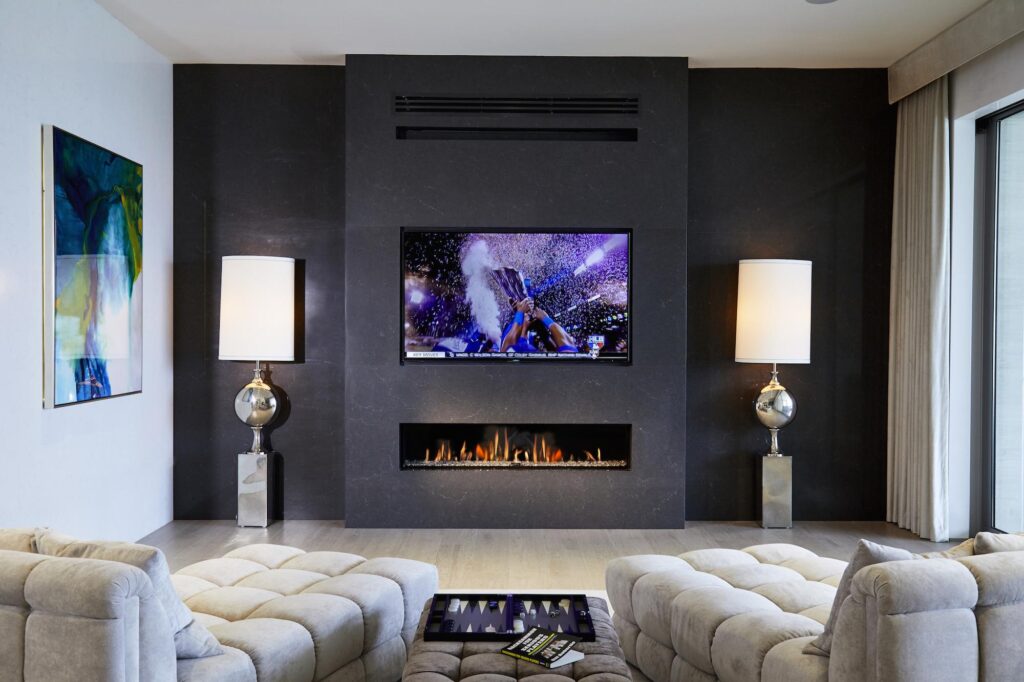 Modern house living room with sofa and TV wall unit