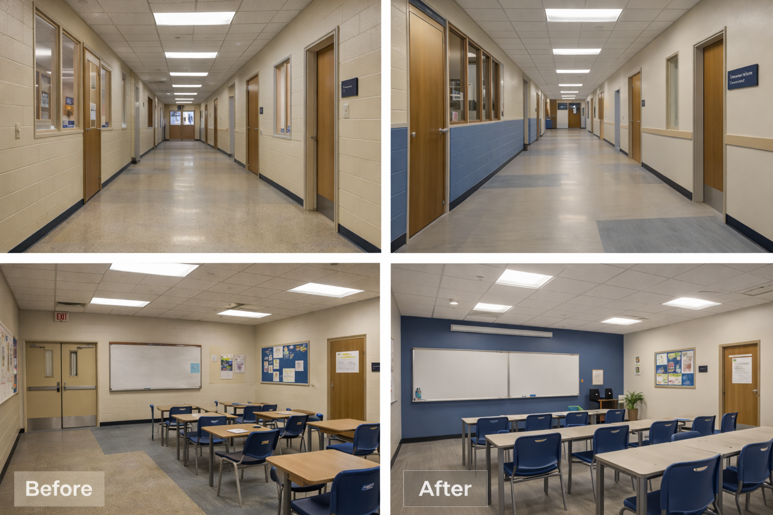 School district facility renovation contractor upgrading corridors and classrooms