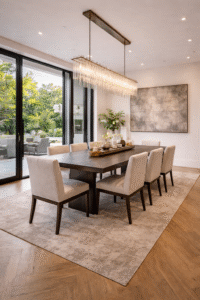 Modern dining hall interior with table and chairs
