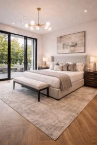 Luxury primary bedroom with custom upholstered bed, neutral interior design, and indoor–outdoor connection — by Infinit Interiors