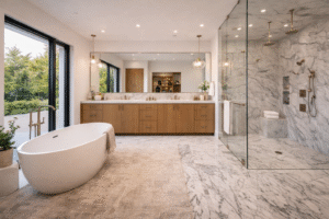 Luxury primary bathroom suite with freestanding tub, marble slab walls, and floating double vanity — by Infinit Interiors