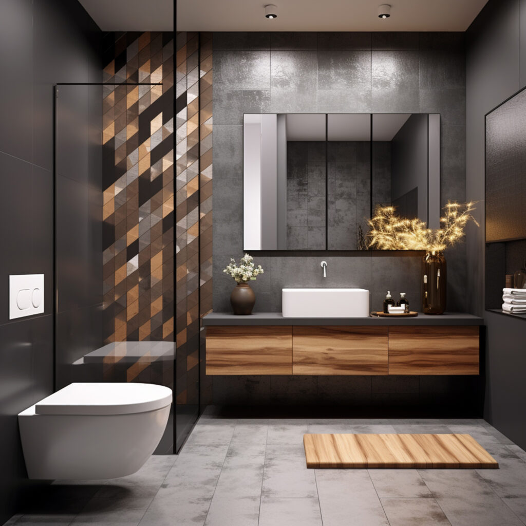 Sleek modern bathroom with wood accents
