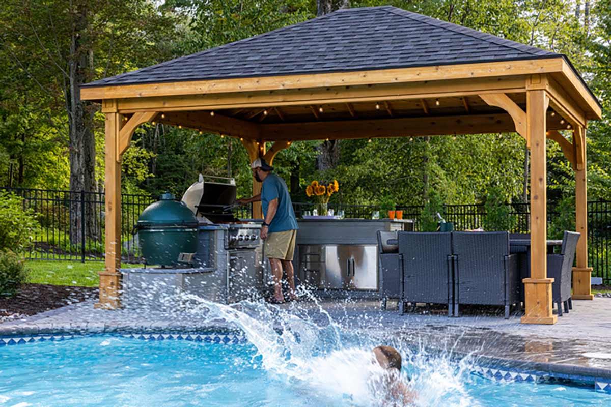 Modern pool with landscaped lawn